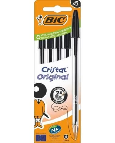 BIC Caja de Boligrafos de Tinta de Aceite Cristal Original 516345- 5 unidades- Negros