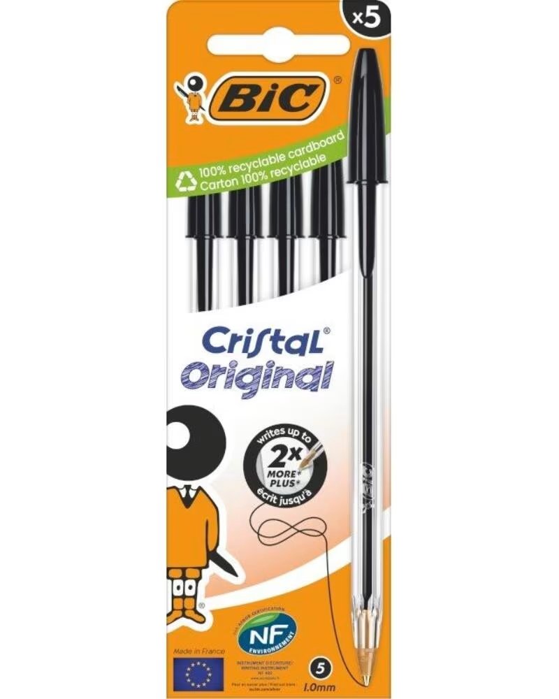 BIC Caja de Boligrafos de Tinta de Aceite Cristal Original 516345- 5 unidades- Negros