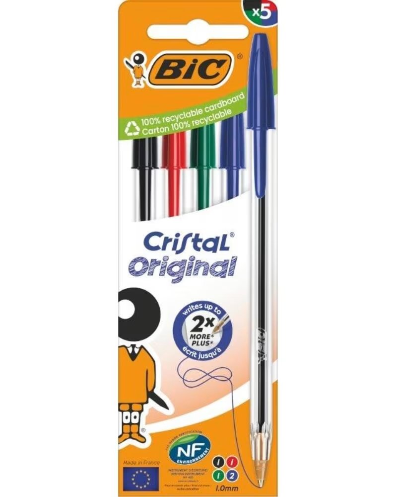 BIC Boligrafos de Tinta de Aceite Cristal Original 516346- 5 unidades- Colores Surtidos