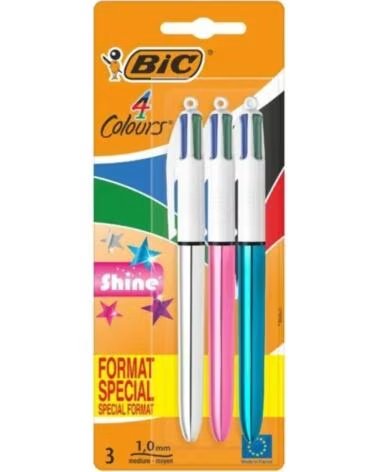 BIC Boligrafos de Tinta de Aceite Retractil 4 Colors Shine 9122751- 3 unidades- 4 Colores de Tinta- Cuerpo Color Brillante