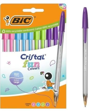 BIC Boligrafos de Tinta de Aceite Cristal Fun 524176- 10 unidades- Colores Surtidos