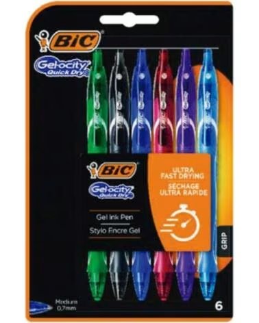 BIC Boligrafos de Tinta de Gel Retractil Gelocity Quick Dry 964769- 6 unidades- Surtidos