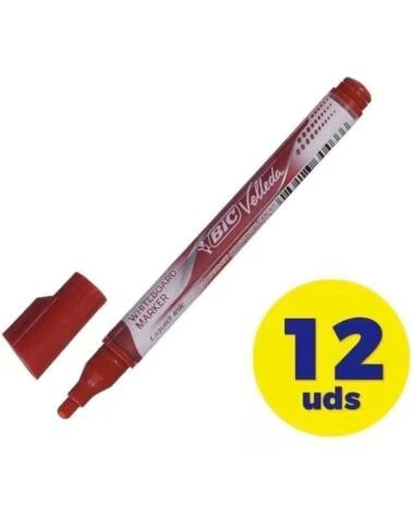 BIC Caja de Rotuladores de Punta Redonda para Pizarra Velleda 902089- 1 5mm- 12 unidades- Rojos