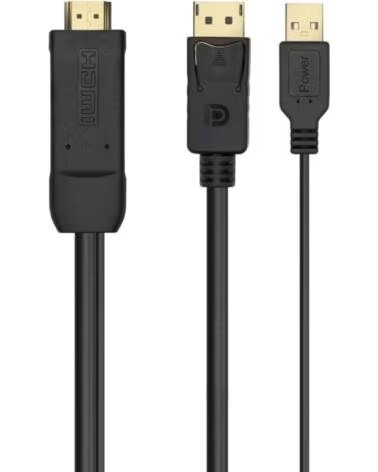 AISENS Cable Conversor A122-0641- HDMI Macho - DisplayPort Macho USB Macho- Hasta 10W- 2250Mbps- 10cm 1 8m- Negro
