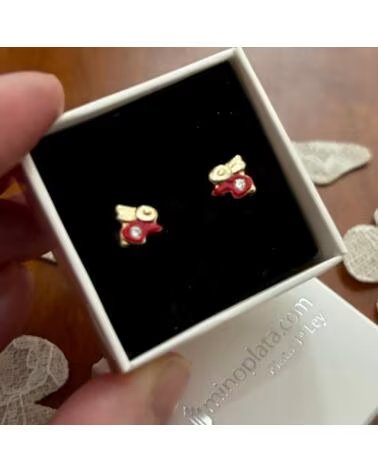 MINOPLATA Pendientes Conejito Rojo De Plata De Ley Chapada En Oro Con Cierre Rosca Bebe
