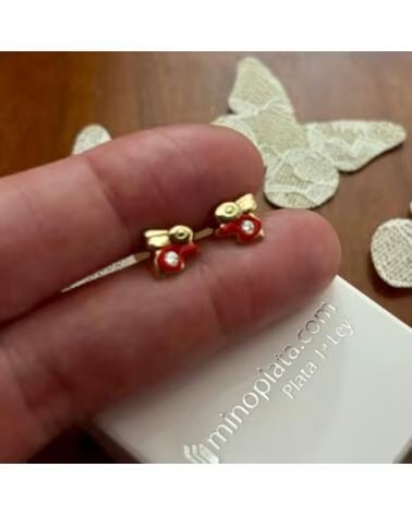MINOPLATA Pendientes Conejito Rojo De Plata De Ley Chapada En Oro Con Cierre Rosca Bebe