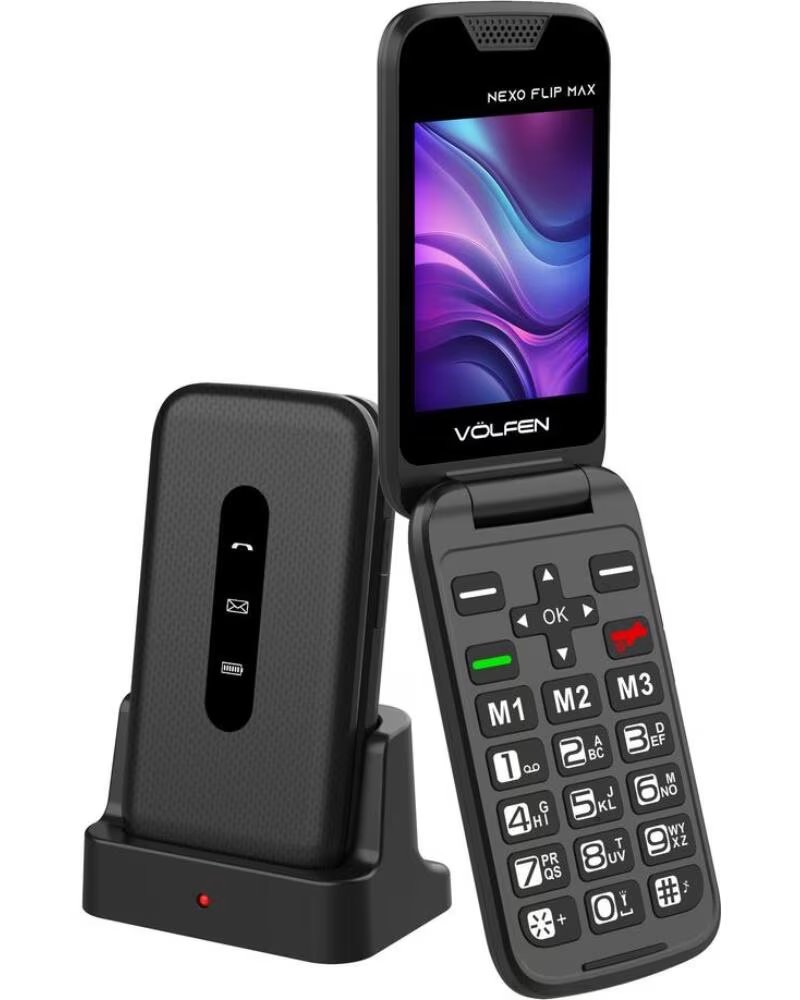 VOLFEN Telefono movil nexo flip max tipo concha negro base de carga