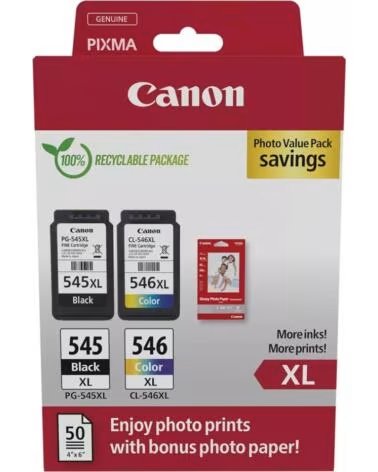 CANON Cartucho de Tinta Original PG-545XL CL546XL Multipack Alta Capacidad- Negro- Tricolor Papel Fotografico