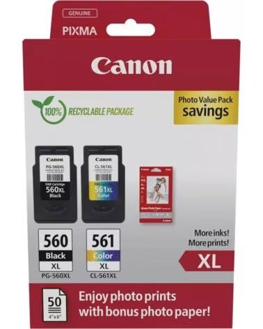 CANON Cartucho de Tinta Original PG-560XL CL-561XL Multipack Alta Capacidad- Negro- Tricolor Papel Fotografico
