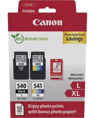 CANON Cartucho de Tinta Original PG-540L CL-541 XL Multipack Alta Capacidad- Negro- Tricolor Papel Fotografico