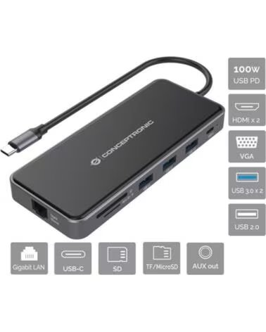 CONCEPTRONIC Adaptador usb tipo c a gigabit ethernet rj45 - hdmi - vga - con hub usb 3 puertos - usb tipo c - lector de tarjetas