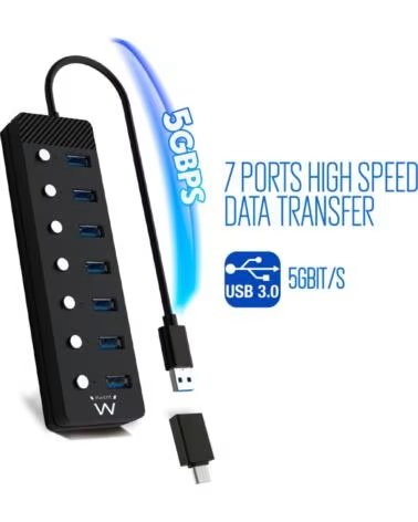 EWENT Hub 7 puertos usb 3 0 interruptor - usb tipo a adaptador usb tipo c