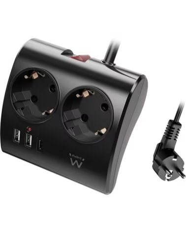 EWENT Regleta 2 tomas shucko 2 puertos usb tipo a 1 puerto usb tipo c interruptor negro
