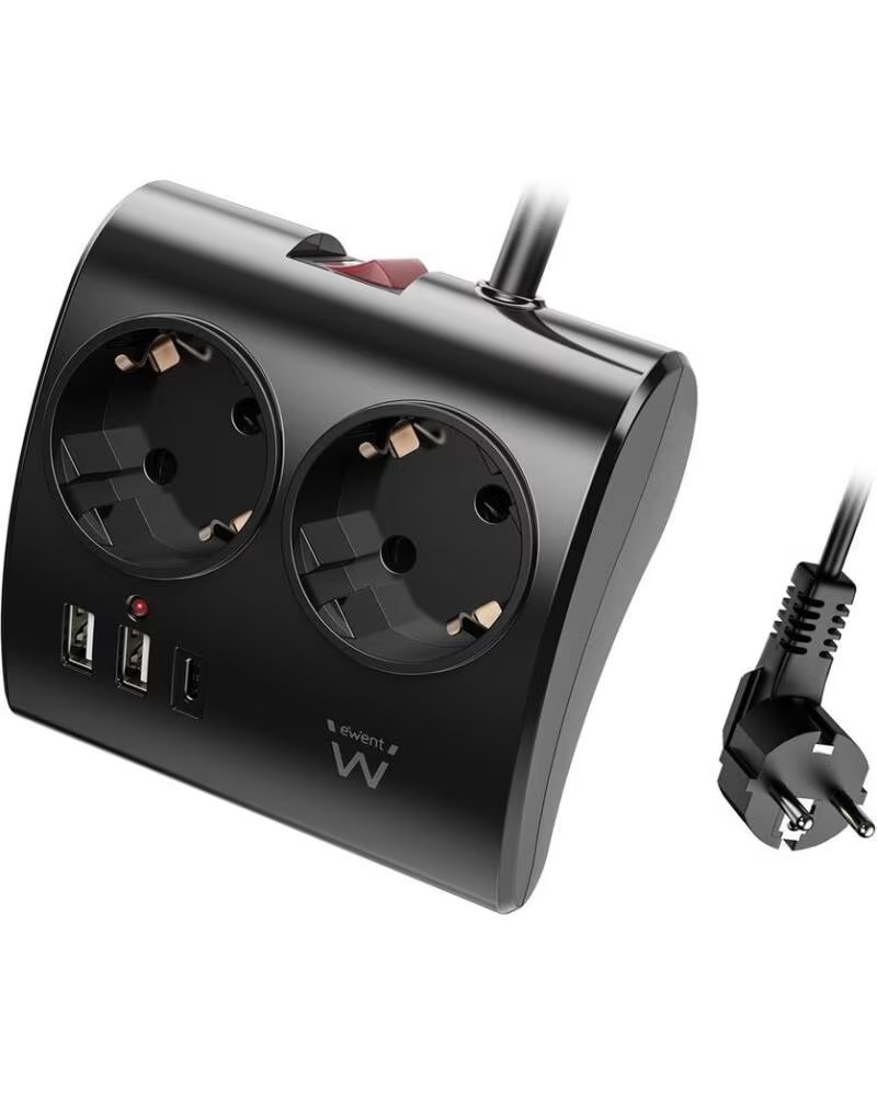 EWENT Regleta 2 tomas shucko 2 puertos usb tipo a 1 puerto usb tipo c interruptor negro