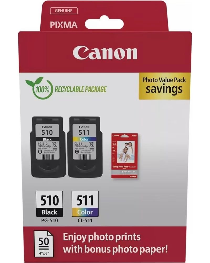 CANON Cartucho de Tinta Original PG-510 CL-511 Multipack- Negro- Tricolor Papel Fotografico