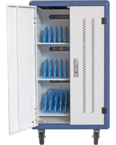 PHASAK Armario carro de carga de seguridad montado con ruedas goma 30 compart para portatil tablet y smartphone blanco - azul ph