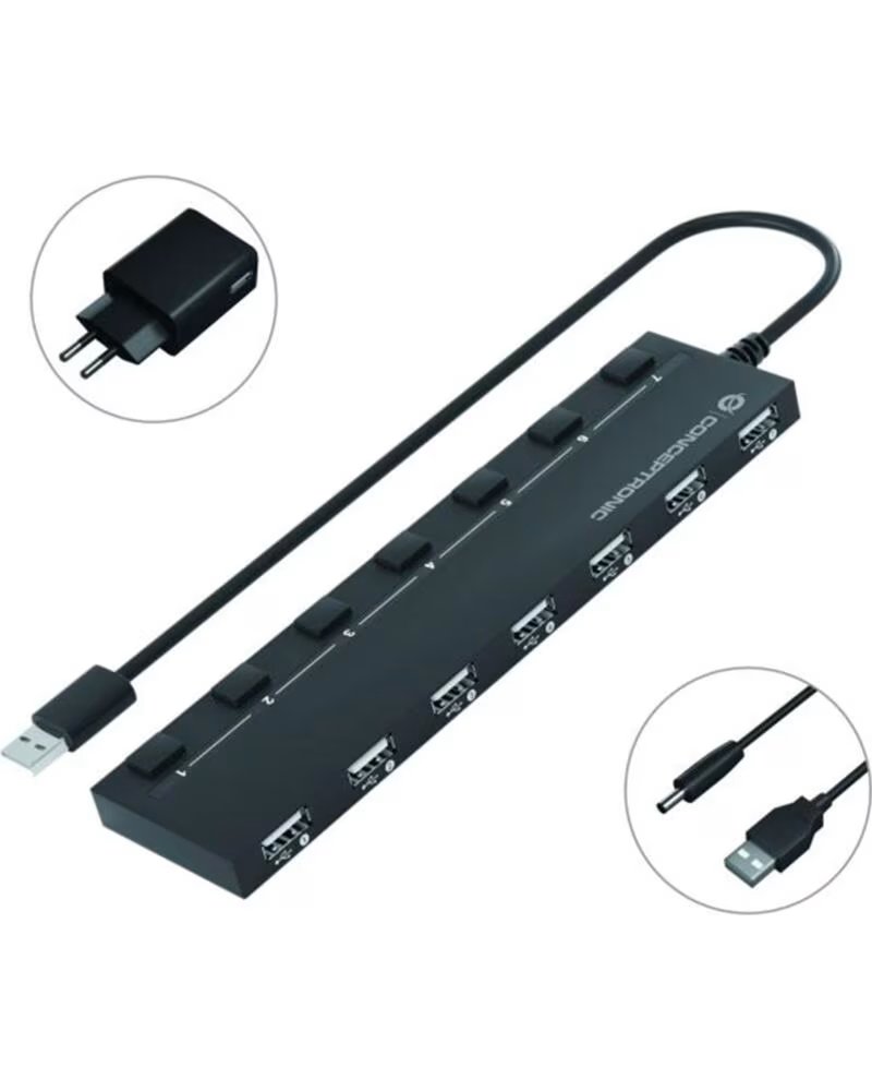 CONCEPTRONIC Hub usb 2 0 hubbies08 7 puertos con interruptores con alimentador