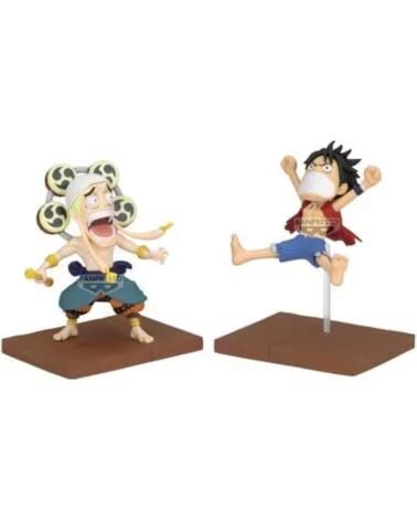BANPRESTO Figura one piece world collectable figure log stories luffy y enel 8cm