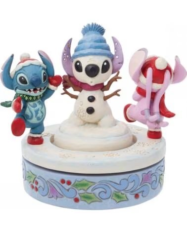 ENESCO Figura decorativa disney stitch y angel con muneco de nieve rotativo