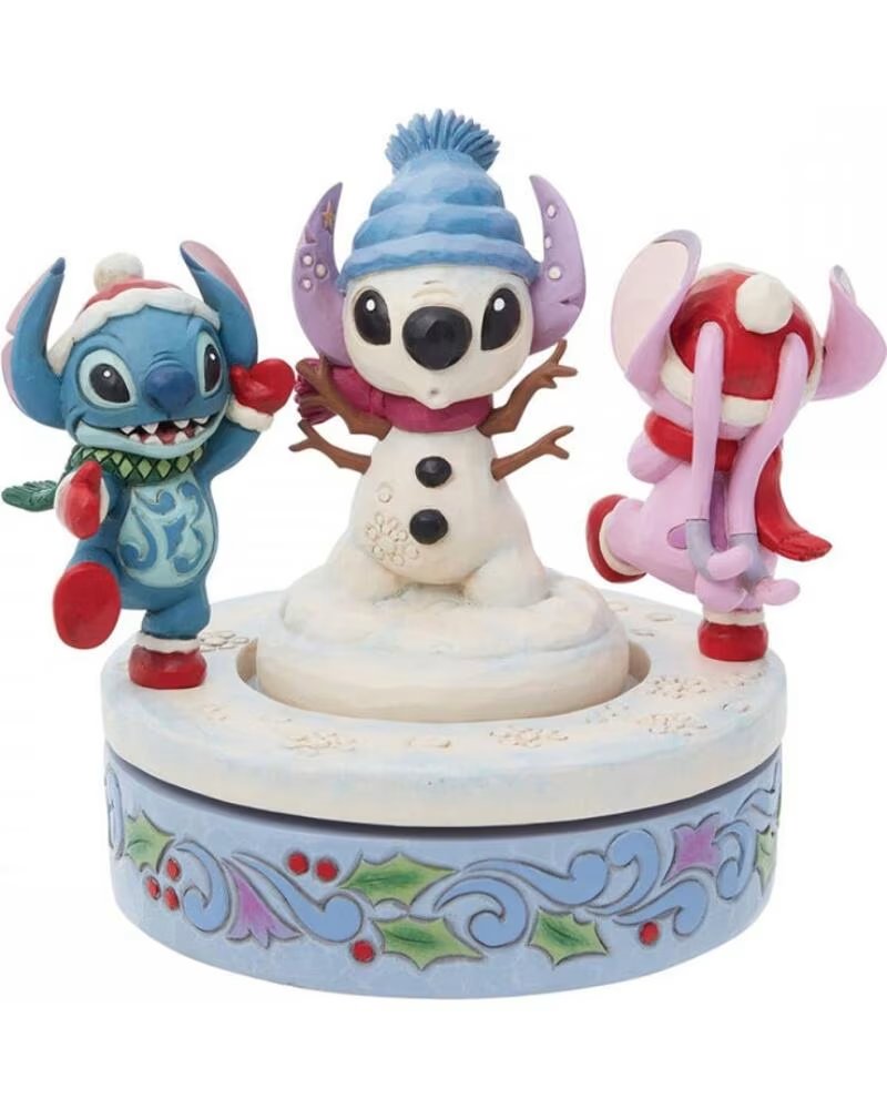 ENESCO Figura decorativa disney stitch y angel con muneco de nieve rotativo