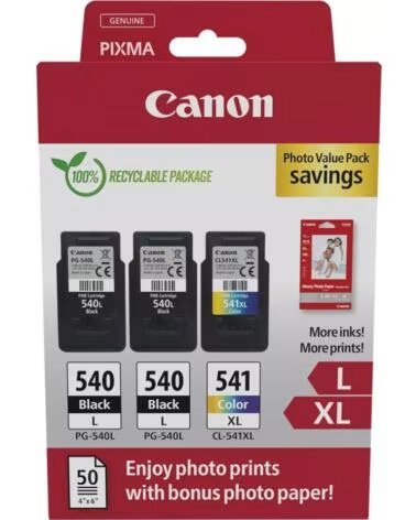 CANON Cartucho de Tinta Original PG-540L CL-541 XL Multipack Alta Capacidad- 2x Negro- Tricolor Papel Fotografico