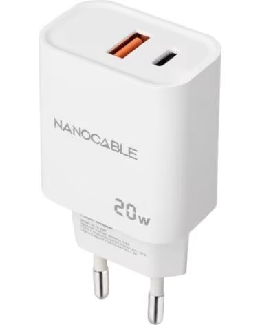 NANO CABLE Cargador de Pared Nanocable 10 10 2007- 1xUSB- 1xUSB Tipo-C- 20W- Blanco