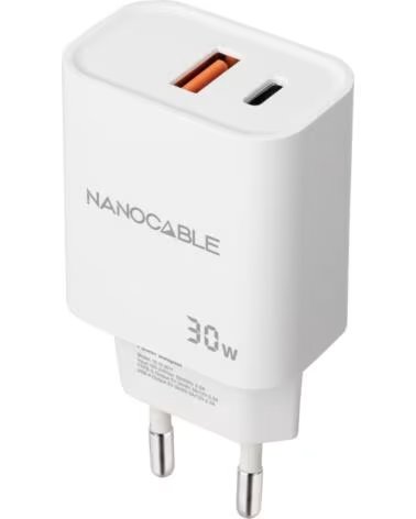 NANO CABLE Cargador de Pared Nanocable 10 10 2011- 1xUSB- 1xUSB Tipo-C- 30W- Blanco