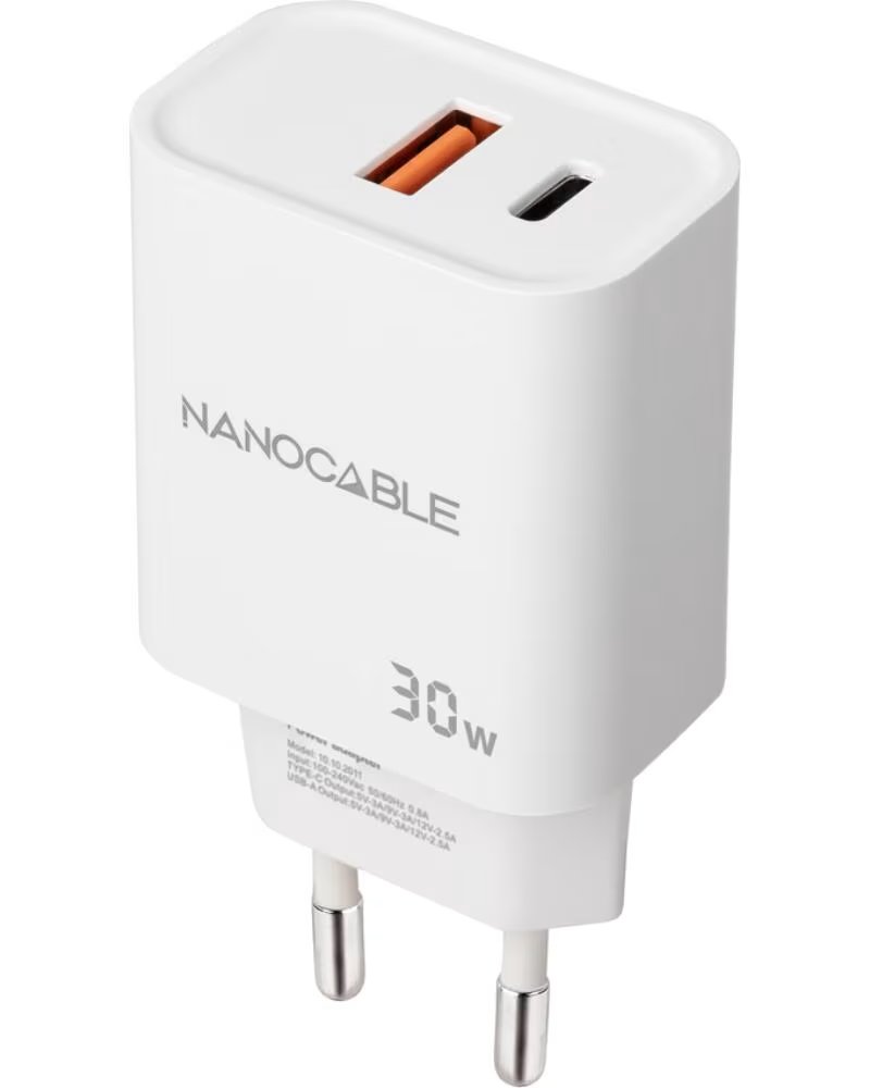 NANO CABLE Cargador de Pared Nanocable 10 10 2011- 1xUSB- 1xUSB Tipo-C- 30W- Blanco