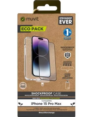 MUVIT Funda shockproof 2m para apple iphone 15 pro max transparente protector pantalla cristal templado marco negro