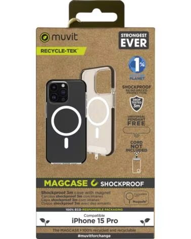 MUVIT Funda recycletek magsafe shockproof 3m para apple iphone 15 pro transparente - negra