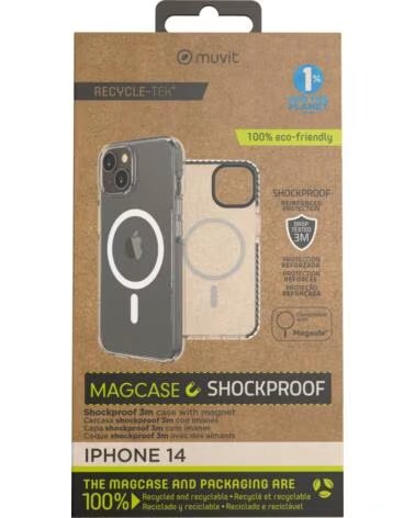 MUVIT Funda recycletek magsafe shockproof 3m para apple iphone 14 transparente - negra