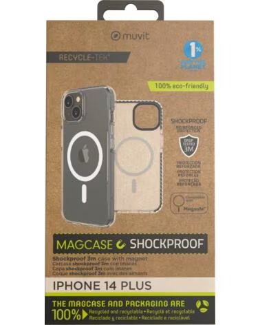 MUVIT Funda recycletek magsafe shockproof 3m para apple iphone 14 plus transparente - negra
