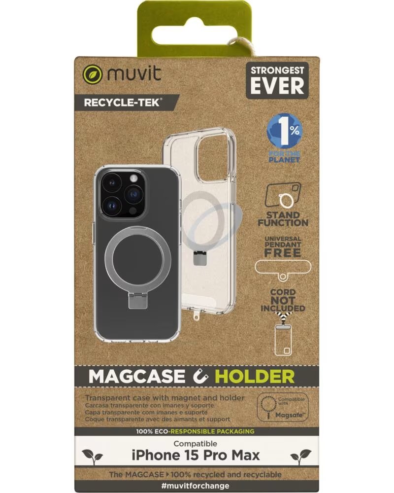 MUVIT Funda recycletek magsafe soporte para iphone 15 pro max transparente