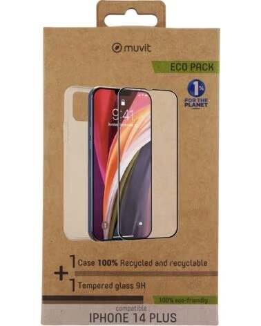 MUVIT Funda para iphone 14 plus protector pantalla vidrio templado plano marco negro