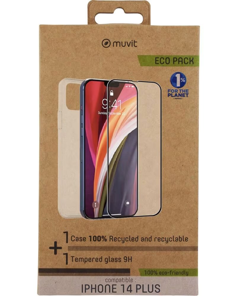 MUVIT Funda para iphone 14 plus protector pantalla vidrio templado plano marco negro