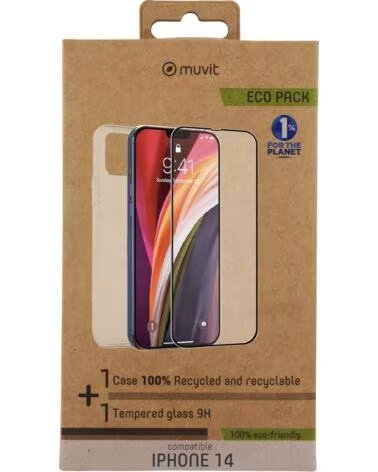 MUVIT Funda para iphone 14 protector pantalla vidrio templado plano marco negro