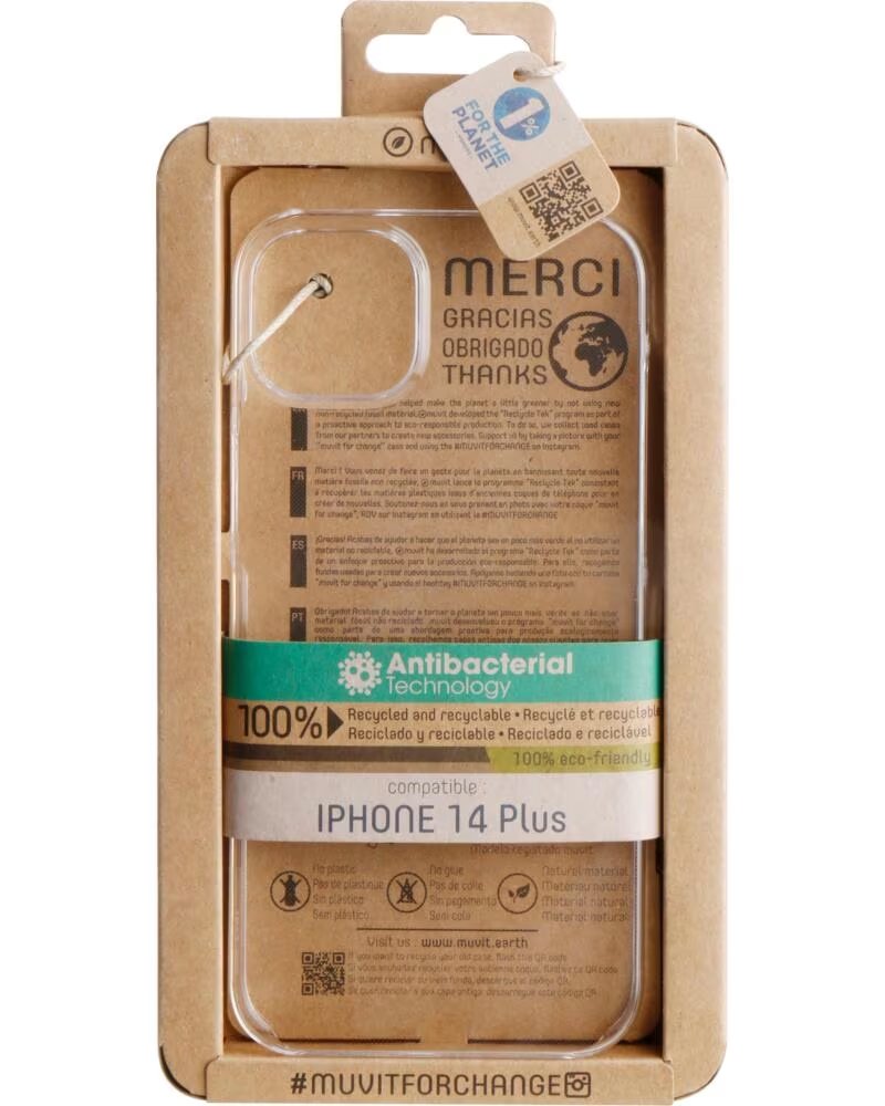 MUVIT Funda recycletek para apple iphone 14 plus transparente antibacterias