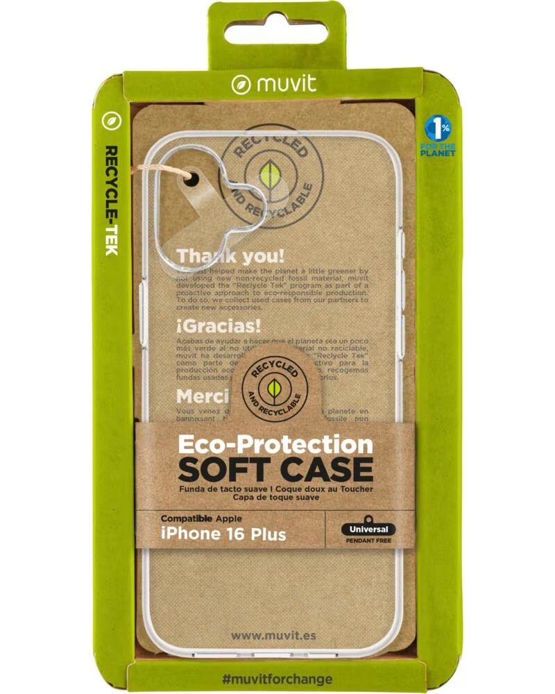 MUVIT Funda recycletek para apple iphone 16 plus transparente