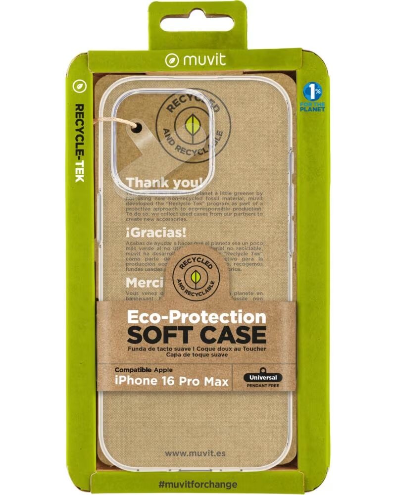 MUVIT Funda recycletek para apple iphone 16 pro max transparente