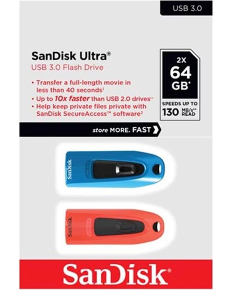 SANDISK Memoria usb 3 0 64gb ultra 2 unidades roja y azul