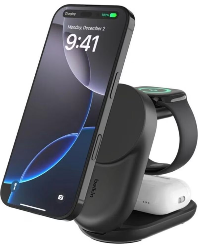 BELKIN Base de carga wiz037kq ultracharge negro magnetico plegable qi2 25w movil reloj auriculares