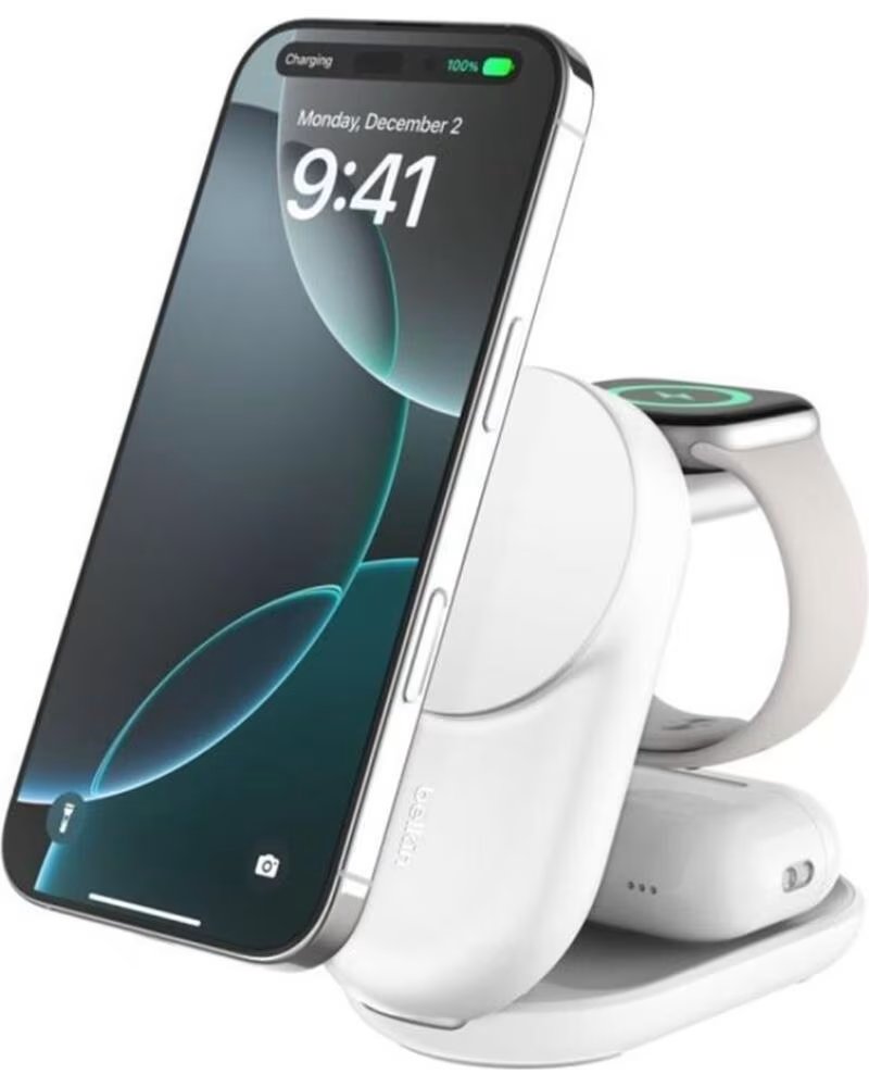 BELKIN Base de carga ultracharge blanco magnetico plegable qi2 25w movil reloj y auriculares blanco