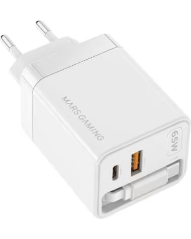 mars gaming Cargador de pared md - gan65rw 65w 1x usb tipo c 1 x usb tipo a cable retractil usb tipo c blanco