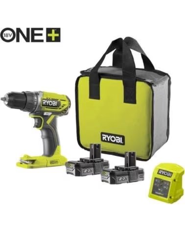 RYOBI Taladro-Atornillador Sin Cable ONE R18DD2-220S- 2 baterias 18V 2 0 Ah- Cargador 1 5 A- Bolsa de Transporte