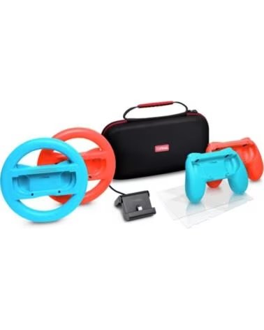 TRUST GAMING Pack Gaming GXT 1249- Estuche rigido 2 Joy-Con 2 Volantes Cristal Templado para Switch Soporte de Carga