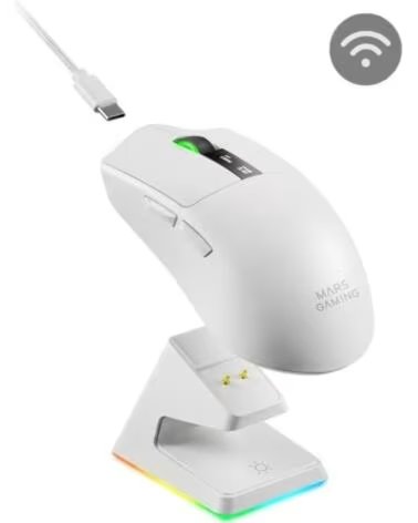 mars gaming Raton Gaming Inalambrico MMW-Elite- Bateria Recargable- Hasta 20000 DPI- Blanco