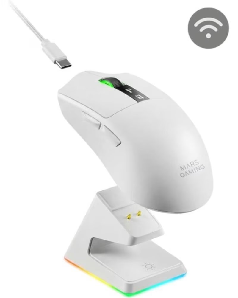 mars gaming Raton Gaming Inalambrico MMW-Elite- Bateria Recargable- Hasta 20000 DPI- Blanco