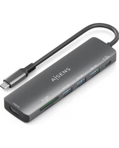 AISENS Docking USB Tipo-C ASUC-7P025-GR- 1xHDMI 4K- 3xUSB- 1xUSB Tipo-C PD- 1xLector Tarjetas- Gris