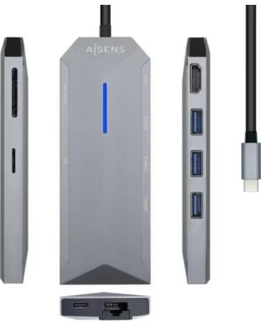 AISENS Docking USB Tipo-C ASUC-8P004-GR- 1xHDMI 4K- 3xUSB- 1xRJ45- 1xLector Tarjetas - 1xUSB Tipo-C PD- Gris