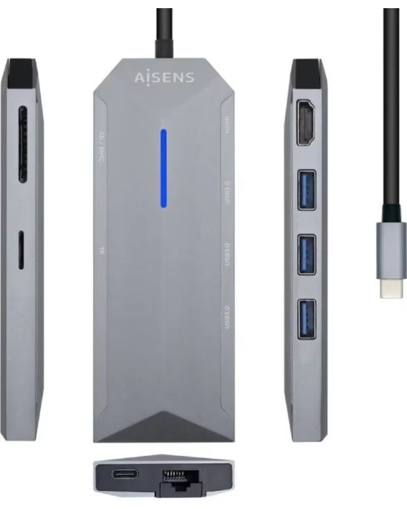 AISENS Docking USB Tipo-C ASUC-8P004-GR- 1xHDMI 4K- 3xUSB- 1xRJ45- 1xLector Tarjetas - 1xUSB Tipo-C PD- Gris